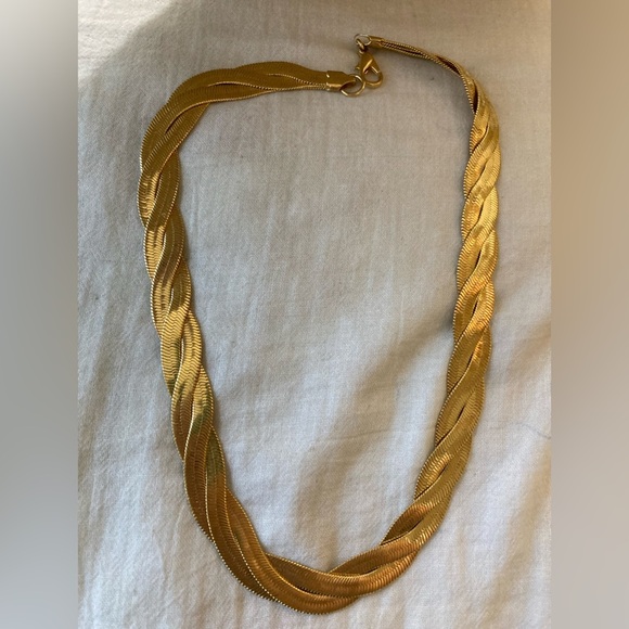 Braided Flat Chain‎ Gold Tone Vintage Necklace - Picture 2 of 7